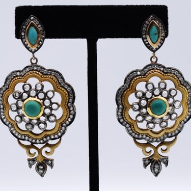 Big 70's gilded sterling Eastern tribal dangles, floral 925 silver crystal ceramic statement earrings 