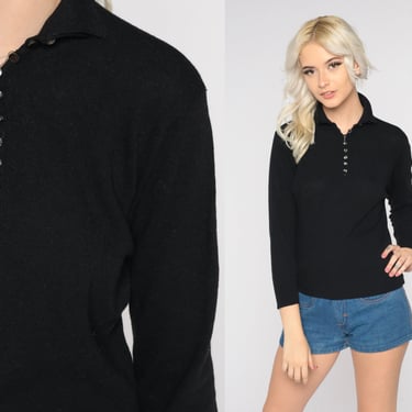 60s Black Knit Shirt Long Sleeve Polo Shirt Retro Basic Plain Wool Collared Sweater Top Button Up Preppy Knitwear Boho Vintage 1960s Small S 