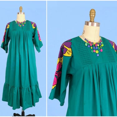 Vintage 80s Teal Floral Boho Mumu Dress, Vintage 1980s Loose Fit Cotton Shift Dress 
