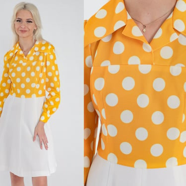 70s Mod Dress Polka Dot Mini Dress Yellow White Long Sleeve High Waisted Oversized Collar Retro Collared Preppy Twiggy Vintage 1970s Small S 