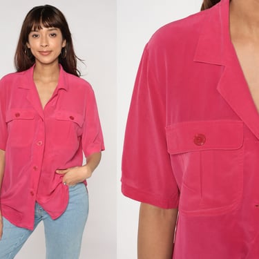Pink Silk Blouse Y2k Button Up Shirt Retro Plain Simple Short Sleeve Top Preppy Basic Button Down Chest Pocket Vintage 00s Large xl l 