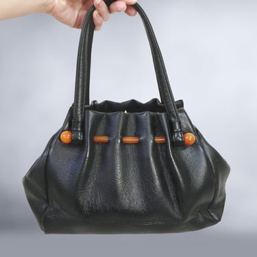 VINTAGE 60s Black Faux Leather and Butterscotch Lucite Top handle Purse | 1960s Unique Mid Century Modern Handbag | VFG 