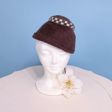 Vintage 1960s Brown Wool Peach Basket Hat, Chic Vintage 60s Pillbox Hat 