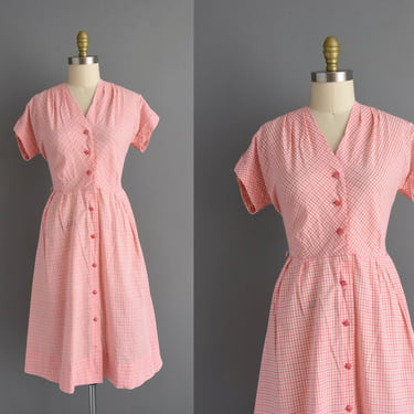 1950s vintage dress | Pink Peach Plaid Print Cotton Spring Day Dress | Large | 50s dress 