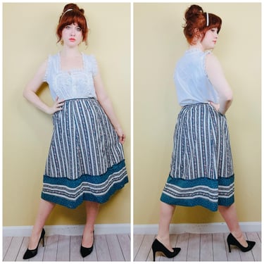 1970s Vintage Carefree Fashion Cotton Western Skirt / Blue and Pink Rosebud Floral Striped Bavarian Skirt / Medium 