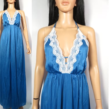 Vintage 80s Blue Lace Trim Halter Maxi Nightgown Loungewear Dress Made In USA Size S 