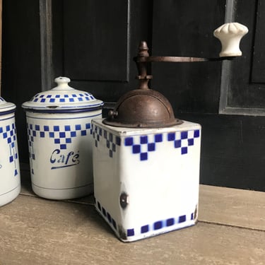 French Enamel Coffee Grinder, Blue Check Enamelware, Farmhouse Kitchen Cuisine Decor 