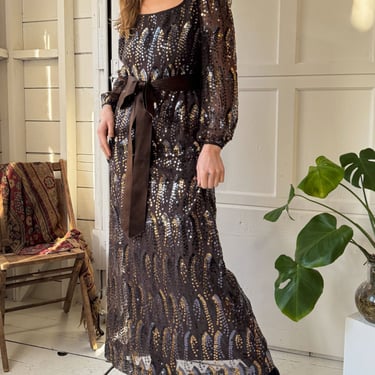 70s Adele Simpson Copper Sequin Gown | M