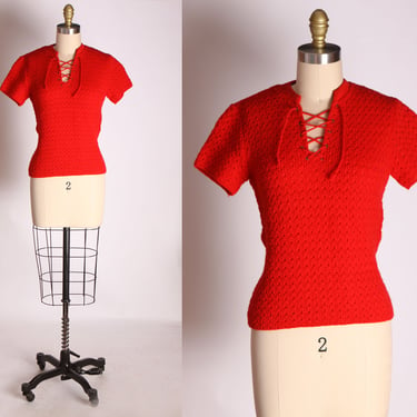 1950s Cherry Red Wool Short Sleeve Corset Lace Up Sweater Blouse by Signe Tricots -M 