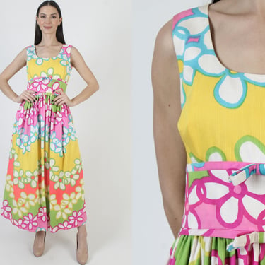 Bright Floral Print Sundress, Vintage 70s Neon Flowers, Womens Cotton Hippie Maxi Dress 