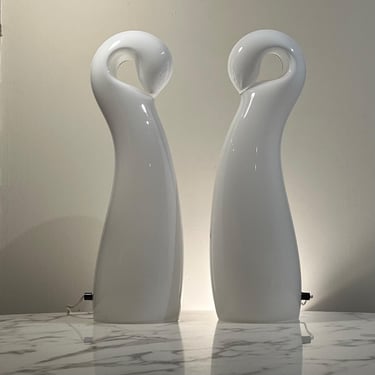 Pair of tall Murano white  swan glass lamps by Vistosi for Effetre 