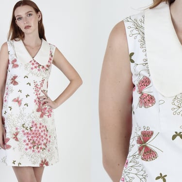 1960s Peter Pan Collar Floral Mod Mini Dress, Vintage Pink Butterfly Print Sixties Frock 
