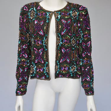 vintage 1980s sequin & beaded jacket shirt party event XS-M 