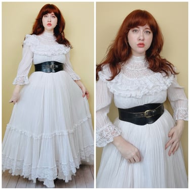 1980s Jessica McClintock Bridal White Gauze Millicent Dress / 80s Lace Ruffled Gibson Girl Prairie Dress / Size Medium - Large 
