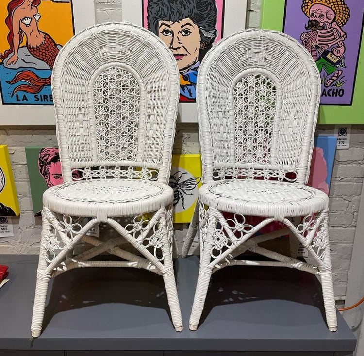 White wicker chairs Seat 16” across, 16.5” to seat, 37” floor to top, we have 3 Please call to purchase 202-232-8171