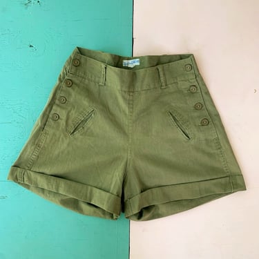 1920s Olive Green Double Button Side Shorts - Size XS