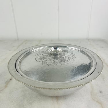 Vintage Hammered Aluminum Serving Dish with Lid, Floral pattern, Continental Silver Co Inc, PA, for mid century decor, casseroles, oven safe 