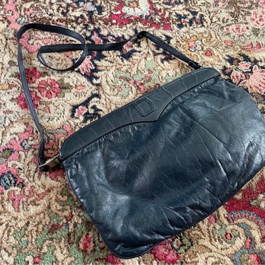 Vintage ‘80s Anne Klein for Calderon navy blue leather purse | lion logo, butter soft leather, shoulder strap 