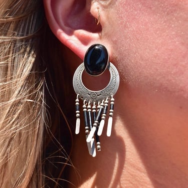 Navajo Sterling Silver Black Onyx Fringe Dangle Earrings, Engraved Floral Motifs, Black Beaded Tassel, Vintage 925 Jewelry, 2 1/2