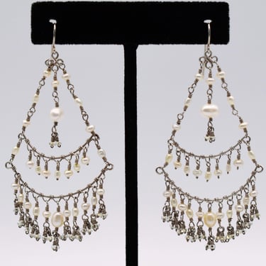 70's sterling pearl & glass waterfall chandelier earrings, 925 silver boho bride fringe dangles 