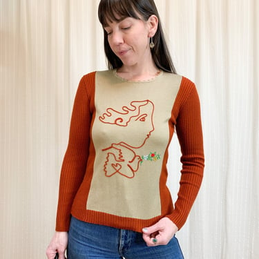 70s pronto brick red embroidered knit sweater 