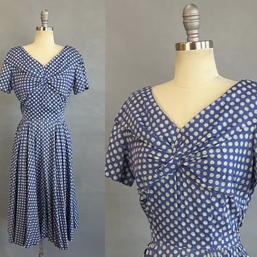 1950s Fit and Flair Dress / Blue & Green Cotton Day Dress / Designer Fred A. Block / Size Medium Large 