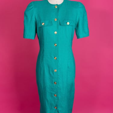 Vintage 80s Liz Claiborne Linen Sheath Dress with Sculpted Shoulders and Gold-Tone Buttons 