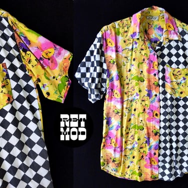 Fun Vintage 80s 90s Flowers & Check Short Sleeve Button Down Statement Shirt 