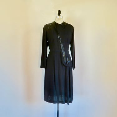 1940's Black Formal Dress Beaded Collar and Trim Long Sleeves Shoulder Pads WW2 Era Rockabilly 31" Waist Size Medium Long 