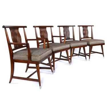 4 Mid-Century Modern Asian Chinoiserie Sabre Leg Walnut Dining Chairs 