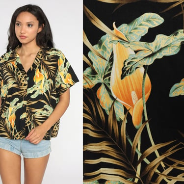 Tropical Floral Shirt Black Hawaiian Blouse Button Up 80s 90s Vintage Surfer Vacation Short Sleeve Leaf Print Retro Tourist Top 2xl xxl 