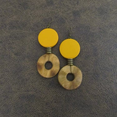 Yellow wooden earrings, Afrocentric African earrings, bold statement earrings, geometric earrings, rustic bronze earrings, mid century 22 