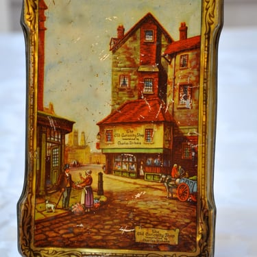 Vintage Biscuit Tin Harry Vincent Ltd England Lithograph  Image Charles Dickens Ye Old Curiosity Shoppe Collectable Advertising Tin Decor 