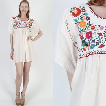 Ivory Cotton Mexican Gauze Dress Authentic Mexican Tourist Cover Up Summer Vacation Floral Embroidered Mini Sundress 