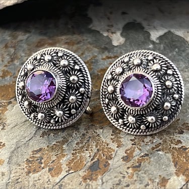 Vintage Sterling Silver Round Etruscan and Purple Glass Screw Back Earrings 