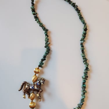 Vintage Turquoise Necklace, Cloisonne Horse, Vintage Horse Pendant, Collectors Necklace 