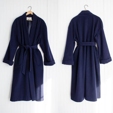 blue princess coat 80s 90s vintage International Scene navy blue wool belted robe coat 