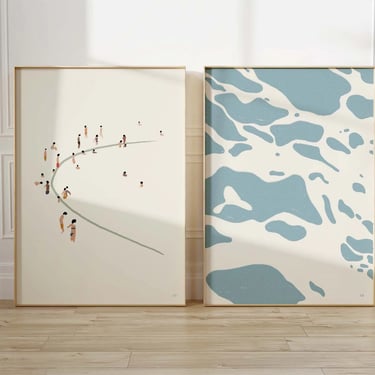 Minimalist Art Print Set, Set of Two Beach Art Prints, Sunbathers Wall Art, Neutral Decor, Water Art Print, Coastal Nautical Print 