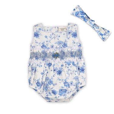 Capri Seersucker Sleeveless Baby Bubble Romper + Headband (Blue Floral) (Organic Cotton)