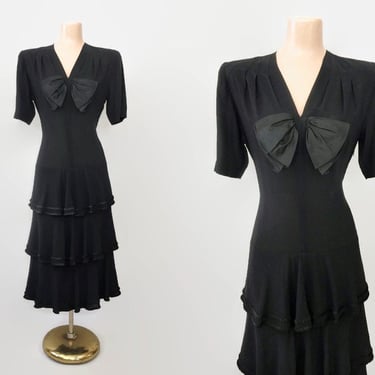 VINTAGE 40s Rayon Crepe Drop Waist Dress Tiered Ruffle Hemline | 1940s Little Black Cocktail Dress | 30s Deco Noir | NY Dress Institute vfg 