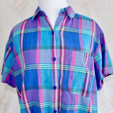 Vintage 80s Plaid Shirt, 1980s Button Down Shirt, Boxy, Oversized, Short Sleeves, Woven, Madras 