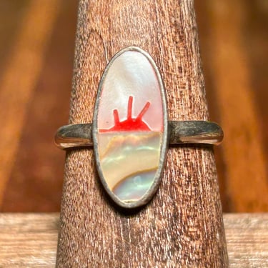 Mother Of Pearl Abalone Sunrise Silver Ring Inlaid Shell Design Vintage Retro jewelry 