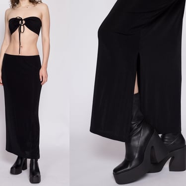 90s Slinky Black Grunge Skirt - Medium | Vintage Minimalist Ankle Length Midi Maxi A Line Skirt 