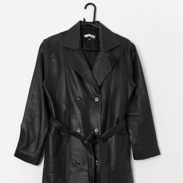 Y2K women's vintage black leather coat with belt - Medium 