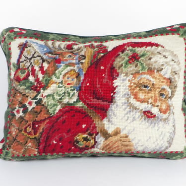 Vintage Christmas Needlepoint Pillow - Vintage Santa Claus Christmas Pillow 