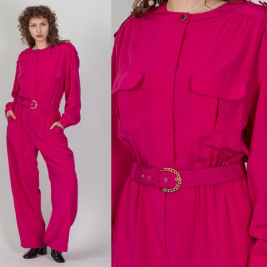 80s Hot Pink Belted Jumpsuit - Large | Vintage Chaus Long Sleeve Coverall Pantsuit 