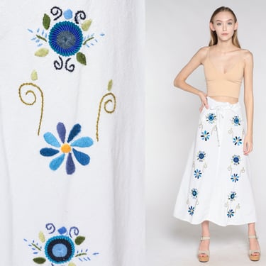 White Floral Skirt Y2K Embroidered Maxi Skirt High Waisted Long Skirt Summer Girly Hippie Festival Flower Print Belted 00s Vintage Small S 