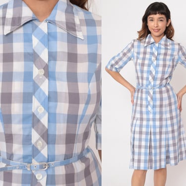 60s Gingham Dress Shift Baby Blue Grey Button Up Shirtdress Midi Checkered Print Day 1/2 Sleeve 1960s Pleated Vintage Preppy Belted Small S 