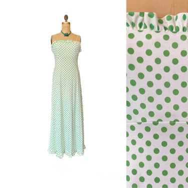 1970s maxi dress, green and white polka dot, vintage 70s dress, spaghetti straps, summer, empire waist, x-small 