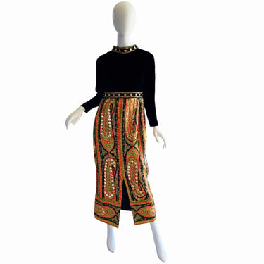 70s Pat Sandler Sequin Dress / Vintage Paisley Quilted Maxi Dress / 1970s Velvet Party Dress Small 